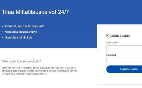 Tilaa mittatilauskaivot vaivattomasti sähköisen kaivokorttipalvelumme avulla osoitteessa kaivokortti.fi. Lähetät tarjouskyselyt ja tilaukset sähköisessä kaivokortissa helposti ja nopeasti myös mobiililaitteella. Palvelu on käytössä 24/7.  Voit käyttää myös koneella täytettävää kaivokortti tiedostoa (PDF). Täytä kaivokorttilomake, tallenna valmis kaivokortti koneellesi ja lähetä sähköpostin liitteenä osoitteeseen kaivot@pipelife.fi. Huomaa, että kaivokortti toimii parhaiten Internet Explorer -selaimella, sillä kaikki selaimet eivät tue täytettävää PDF-lomaketta.