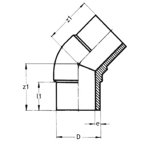 Technical drawing PE100 elbow 45 degrees SDR 11 long