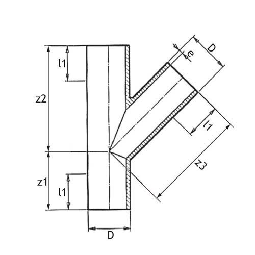 Technical drawing PE100 equal branch 45 degrees SDR 11 long